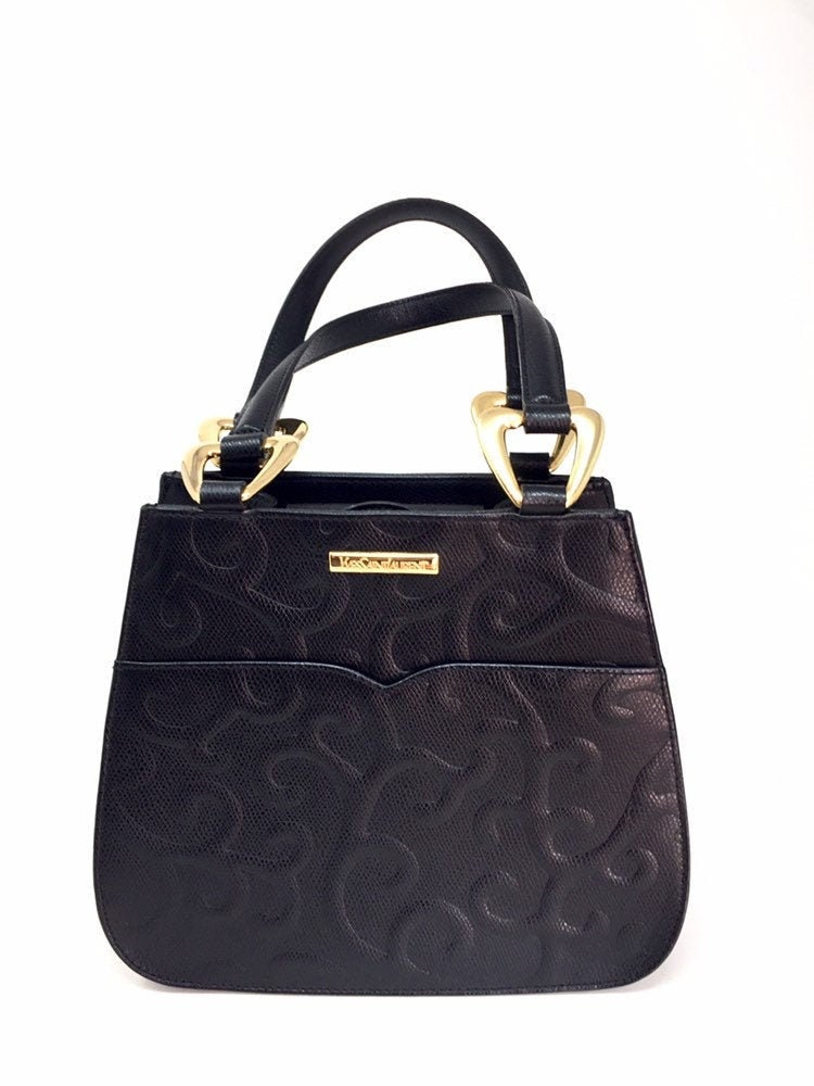 YVES SAINT LAURENT Clutch Bag Handbag Black Leather YSL Arabesque