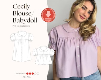 Cecily Bluse PDF Schnittmuster | Vintage inspiriert | Bubikragen | Puffärmel Top | Babydoll Kleid | XS–XXL | Ausführliche Video Anleitung