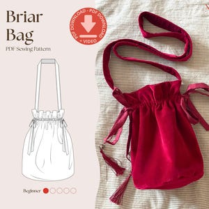 May include: A deep red velvet drawstring bag with a long shoulder strap and side tassels. Next to it is a technical line drawing of the Briar Bag PDF sewing pattern, featuring text that reads Briar Bag, PDF Sewing Pattern, and PDF Download + Video.