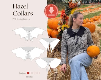 Cuellos Hazel – Paquete de 4 patrones de costura en PDF / Cuellos desmontables: Peter Pan, festoneado, cola de golondrina y murciélago / Lazo de cinta