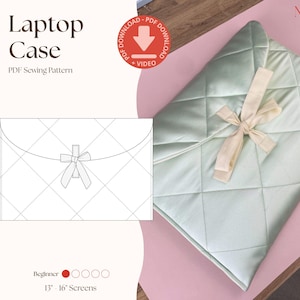May include: A light green quilted laptop case with a cream-colored bow closure. The case is diamond-stitched and has a soft, satin-like appearance. The image also shows a PDF sewing pattern for the case, with text that reads "Laptop Case" and "PDF Sewing Pattern".