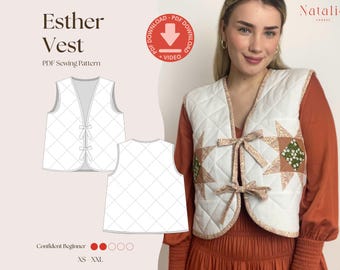 Patrón de costura en PDF del chaleco Esther / Chaleco acolchado con lazo / Ideal para principiantes / Estilo cottagecore / Tallas XS–XXL / Tutorial en vídeo detallado