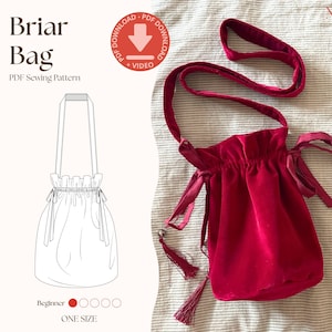 May include: A red velvet drawstring bag with a long strap and tassel accents. The bag is shown on a striped background. The text "Briar Bag" and "PDF Sewing Pattern" are visible.