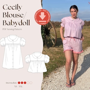 Cecily Blouse PDF Sewing Pattern | Vintage Inspired | Peter Pan Collar | Puff Sleeve Top | Babydoll Dress | XS–XXL | Detailed Video Tutorial