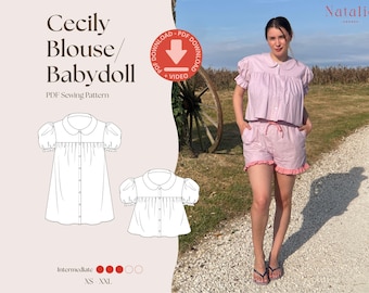 Cecily Blouse PDF Sewing Pattern | Vintage Inspired | Peter Pan Collar | Puff Sleeve Top | Babydoll Dress | XS–XXL | Detailed Video Tutorial
