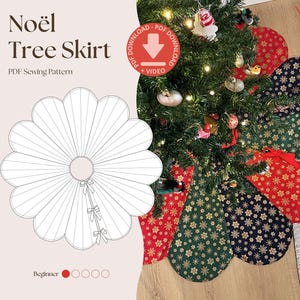 May include: A Noël Tree Skirt PDF sewing pattern featuring a line drawing of a scalloped circular skirt with three bows. The finished product is a multi-coloured fabric tree skirt with red, green, and navy panels decorated with gold snowflake patterns.