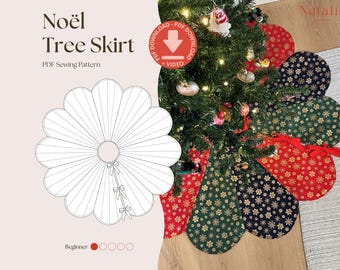 May include: A Noël Tree Skirt PDF sewing pattern featuring a line drawing of a scalloped circular skirt with three bows. The finished product is a multi-colored fabric tree skirt with red, green, and navy panels decorated with gold snowflake patterns.