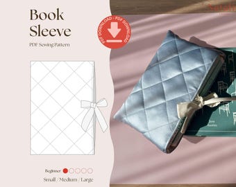 Molde em PDF para costura de capa de livro acolchoada: Bolsa acolchoada com laço (3 tamanhos)