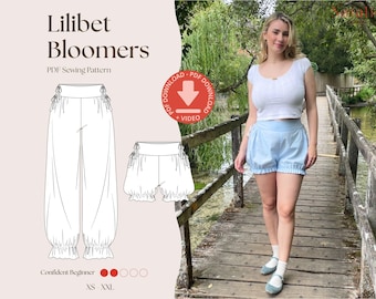 May include: Lilibet Bloomers PDF sewing pattern featuring a technical line drawing of long pants and shorts with side ties and ruffled hems. A person wears light blue bloomers with a white ribbed top, white socks, and light blue flats.