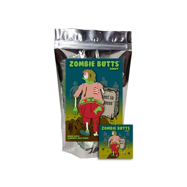 Zombie Butts Green Apple Flavored Fruit Gummy Disks Funny Unique Valentines Day Birthday Girl, Boy & Teens Candy Gift