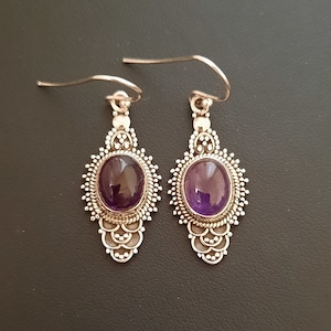 Sterling silver and amethyst dangle hook earrings, hand made in India.