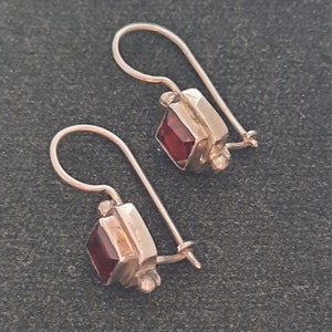 Sterling silver and garnet dangle wire earrings, hand made in Bali image 1