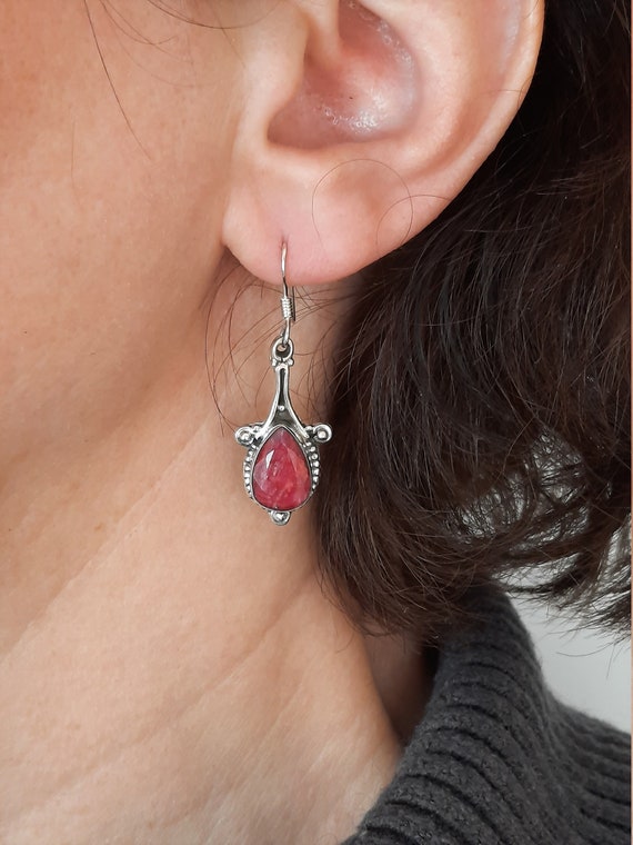 Sterling silver and red Ruby dangle hook earrings  - image 1