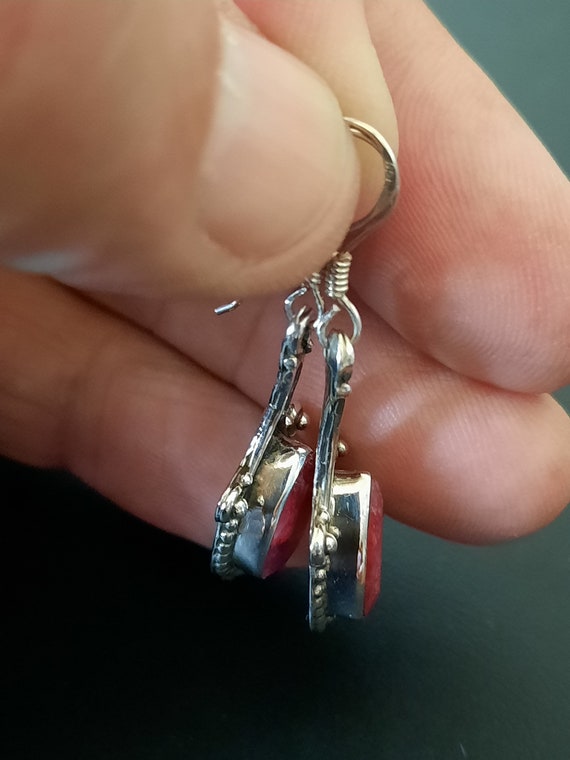 Sterling silver and red Ruby dangle hook earrings  - image 7