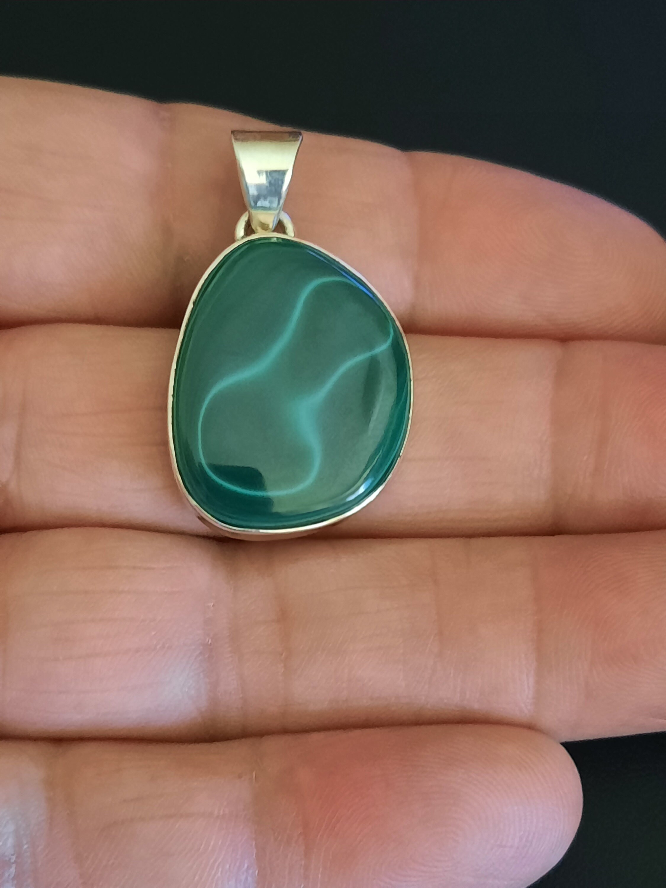Pendentif Ancien En Argent Sterling Et Malachite - Bijou Vintage Rare - Occasion