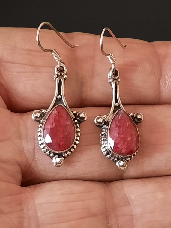 Sterling silver and red Ruby dangle hook earrings  - image 4