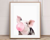 Pig Print Wall Art, Pink bubble Gum, Cute Piggy Gift, Nursery Farm Animal, Piglet Poster, Girl Pink Decor, Girls Printable Art