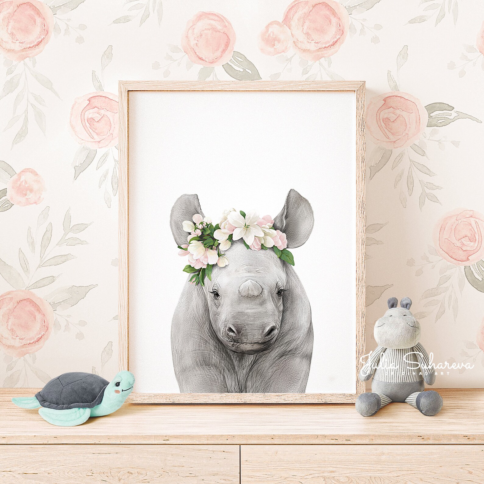 Baby Rhino with Flowers Print for Safari Nursery Wall Art & Etsy