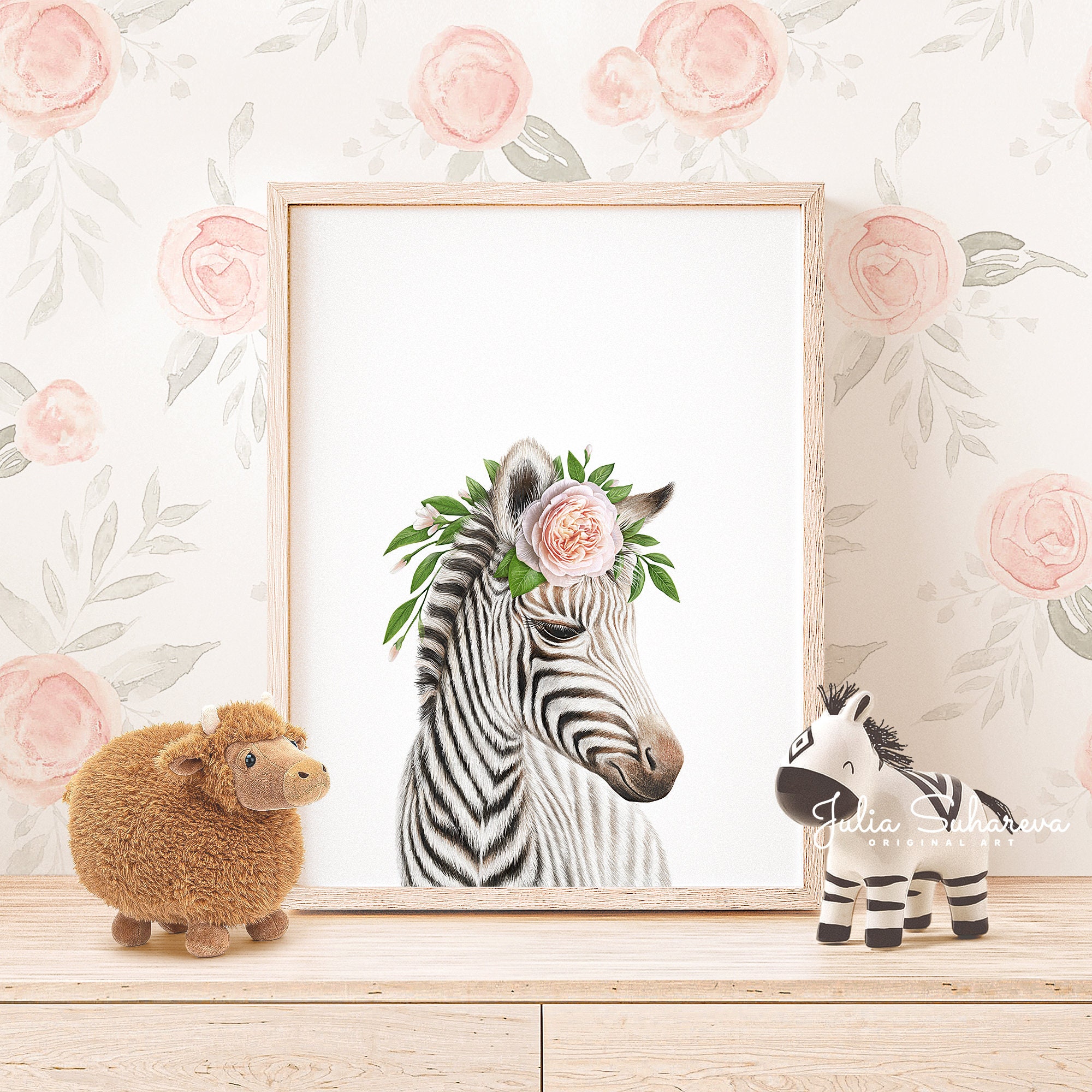 Baby Zebra with Flowers Print for Safari Nursery Wall Art