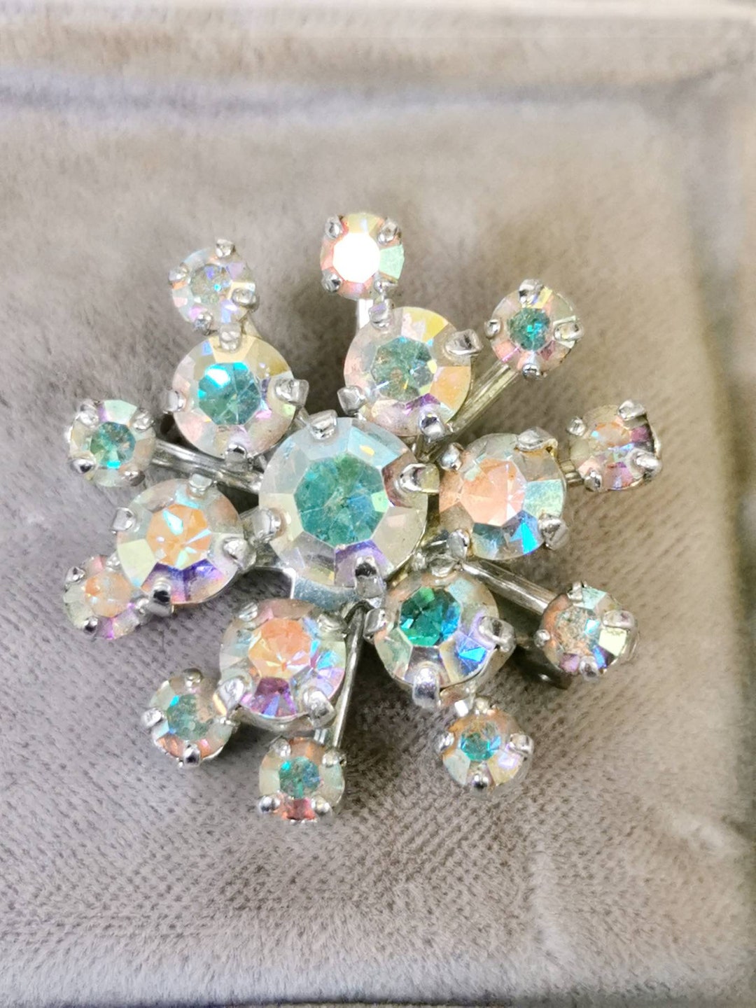 Broche Vintage Strass Aurora Borealis Et Nacre - 3,0 Cm, 6,7 G, Occasion