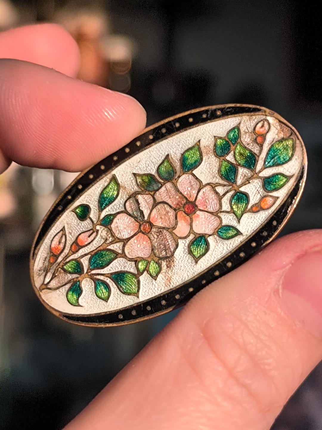 Belle Broche Ancienne Art Nouveau Vers 1900 - Métal émaillé Polychrome - Bon état
