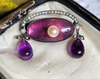 Art nouveau 900 silver Depose Amethyst brooch Fahrner ? Pforzheim Art Nouveau jewelry seed beads antique collector