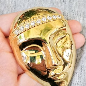 80s out couture necklace pendant GOLD with rhinestone face harlequin