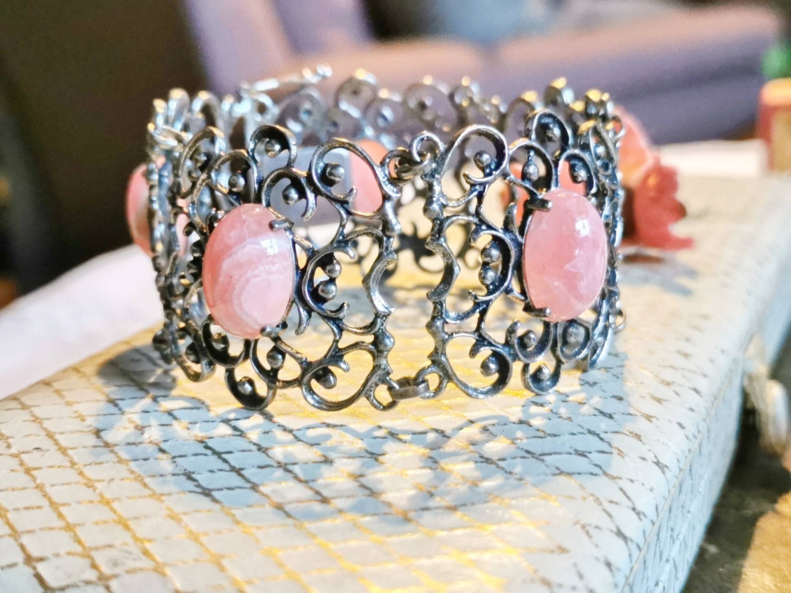 Trachten Rhodochrosite Silver Bracelet massively wide floral true vintage design silver bracelets Flowers Dirndl Gift Art Nouveau gemston pink
