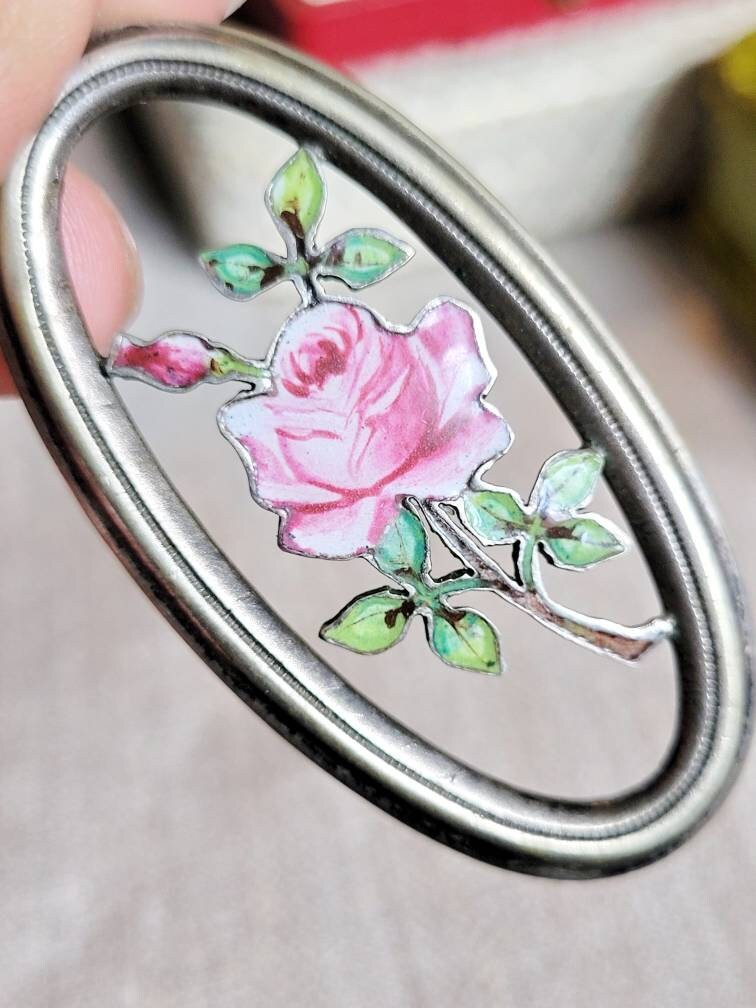 Grand Pendentif Porte-photos Ancien 1920/30 En Alpacca Avec émail Rose + Chaîne Argent