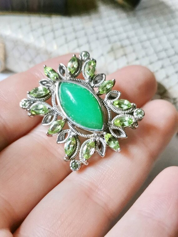 Chrysopras & Peridot Brooch 925 Silver Brooch Gem… - image 2