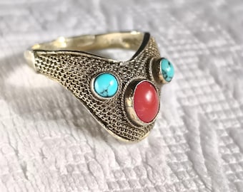Antique Chinese export ring made of 925 silver with coral and turquoise – delicate handcraft, circa 1930–1950
