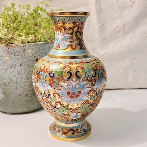 Chinese Cliosonne Vaas CHRYSANTHEMUM Art Nouveau Design Emaille glas Glas Art Messing Verguld Art nouveau brocante asiatika
