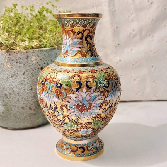 Chinesische Cliosonne Vase CHRYSANTHEME Jugendstil Design Emaille enamel glass Glas Kunst Messing vergoldet Art nouveau brocante asiatika