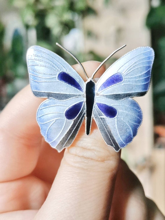 Guilloche Enamel Art Nouveau Butterfly Brooch blu… - image 2