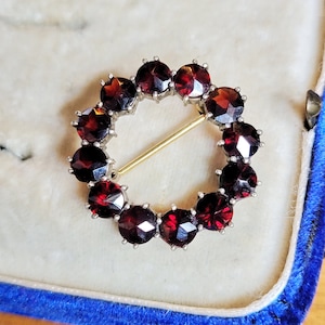 Midcentury standard gold 6K garnet brooch 1950s gemstone needle brooch cottage country costume gift red noble garned