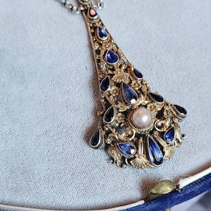 Historicism Silver Necklace 1880 Design necklace Akoya Pearl & Paste Stones cottage Country House victorian Unique Necklace purple blue