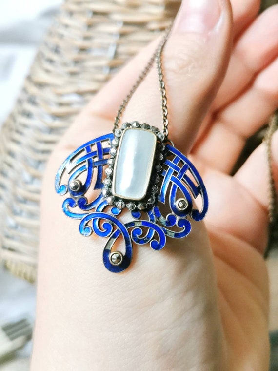 Art Nouveau Enamel Necklace Marzeasites and Mother of pearl Around