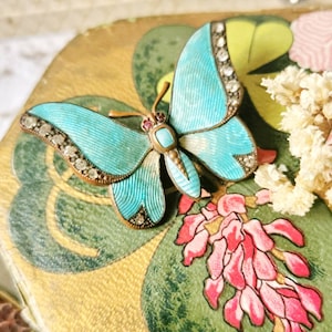 Guilloche Enamel Art Nouveau Butterfly Brooch BLUE brass enamel brooch butterfly antique true vintage
