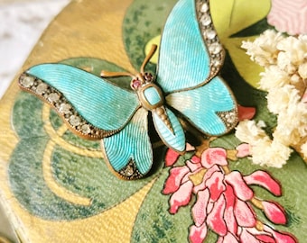 Guilloche Enamel Art Nouveau Butterfly Brooch BLUE brass enamel brooch butterfly antique true vintage