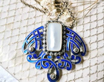 Art nouveau enamel necklace Marzeasites and mother-of-pearl around 1920 true vintage enamel necklace 1920 Art Nouveau art deco blue