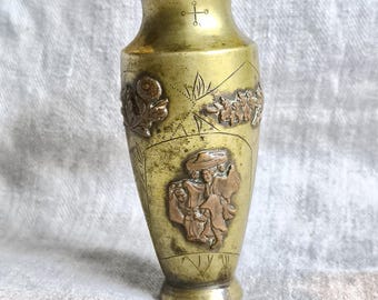 Antique and Rare Japanese Bronze Vase With Brown Patina Decorated