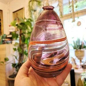 Lauscha Montagetechnik Glas Vase 1950 Fadenglas Swirlglas Glasvase violett & Orange Rot Design Studioglas Deutschland Bimini 50er 60er 70er