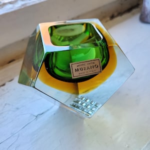 Midcentury Flavio Poli Seguso bowl or Catcha 1970s design Italy Murano mouth-blown cased glass green yellow