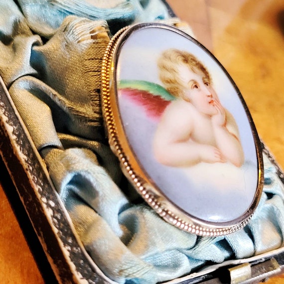 Art nouveau 333 gold angel brooch porcelain ename… - image 7