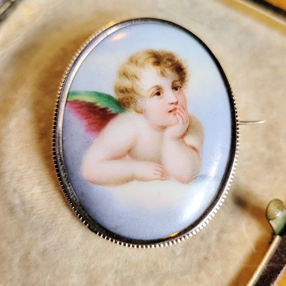 Art nouveau 333 gold angel brooch porcelain ename… - image 3