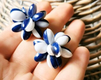Boucles D'oreilles Clips Vintage Années 60-70 - Plastique Bleu Ciel - Authentique
