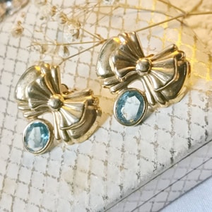 XXL 925 silver gold-plated ear studs earrings bows true vintage sterling silver earring bows blue gift vintage cottage