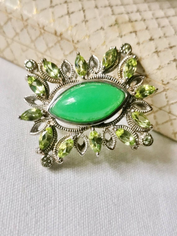 Chrysopras & Peridot Brooch 925 Silver Brooch Gem… - image 1