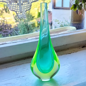 Uran Flavio Poli Sommerso Murano glass vase green blue cased glass 1970 midcentury rare flower vase design collector