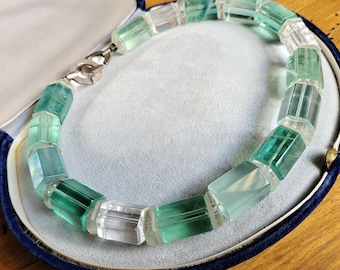 Flourite & Rock Crystal Necklace 925 Silver Gemstone Blue Green White- Design Unique XXL Layered Look Geschnek esoteric geometric